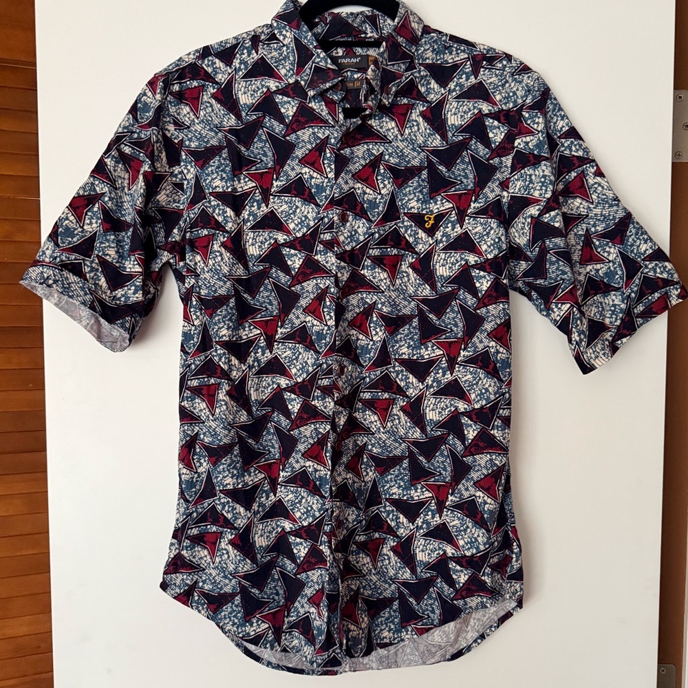 Farah Navy and Burgundy Geometric Short Sleeve Button-Down